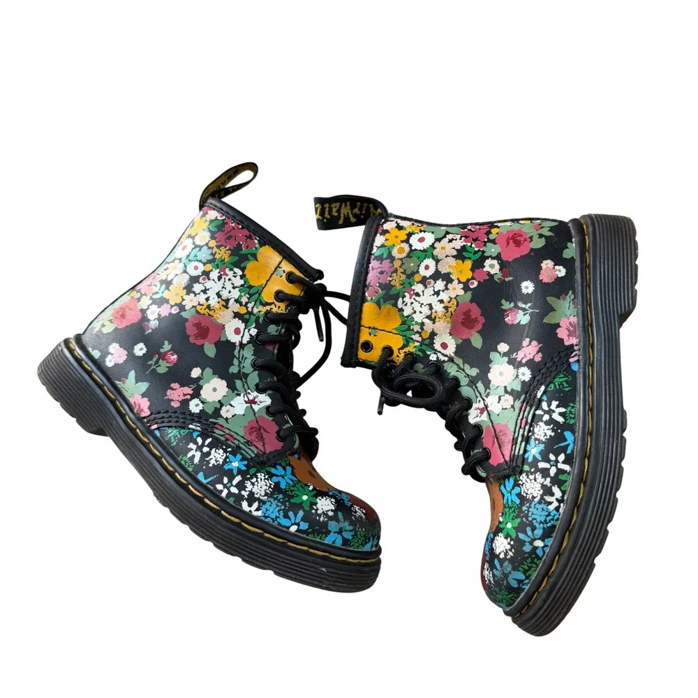 Dr. Martens 1460 T Black Floral Leather Lace Up Side Zip Boots Toddler US 10